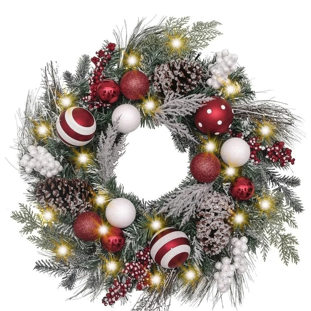 Valery Madelyn 24'' Pre-Lit Christmas Wreath for Front Door w‎ Light Candy Cane